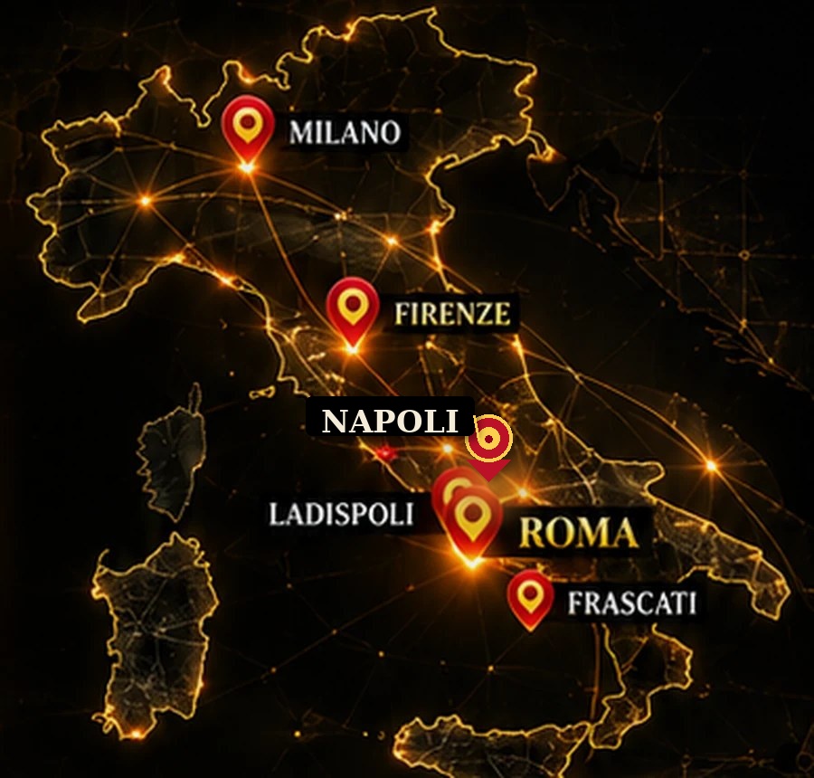 Mappa della presenza GeStaff in Italia: Roma, Milano, Napoli, Frascati, Firenze e Ladispoli
